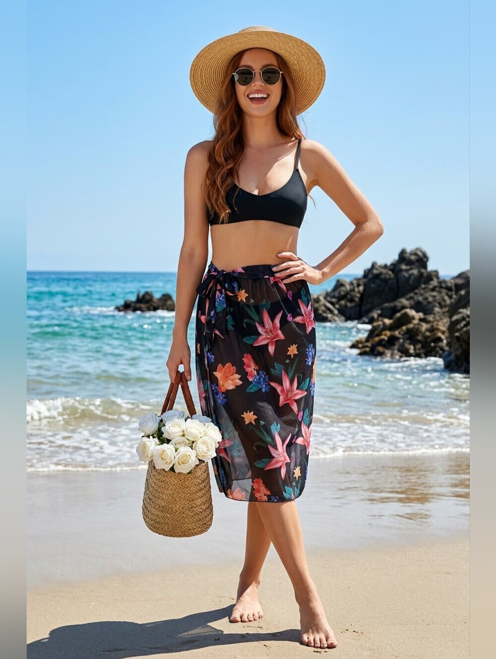 Floral Black Sheer Swim Cover-Up Skirt
